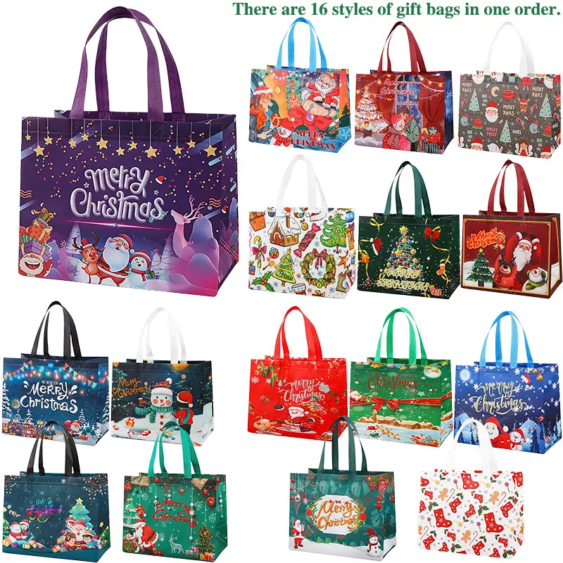 Unisex 32 PCS Reusable Non-Woven Christmas Gift Bags with Carry Handle, 16 Assorted Festive Prints, Eco-Friendly Durable Water-Resistant Compactfolded Foldable Totes, Easy to Clean for Xmas/Newyear Decor & Gifting