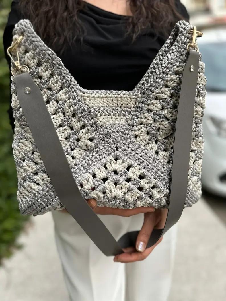 2 Color Macrame Bag with 3 Motifs, Gift Hand Knitted Stylish Designed Bags