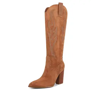 Cowgirl Boots Western Boots for Women Mid Calf with Rhinestone Embroidery Pointed Toe Chunky Block Heel Stylish Comfortable Versatile for Western Events