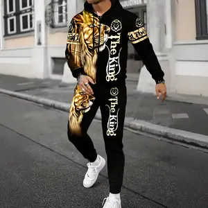 Plus-size Men's Casual Animal Lion 3D Digital Print Hoodie & Long-sleeved Tracksuit Set Men's Sportswear WP351686 Polyester Fiber Hooded Suit