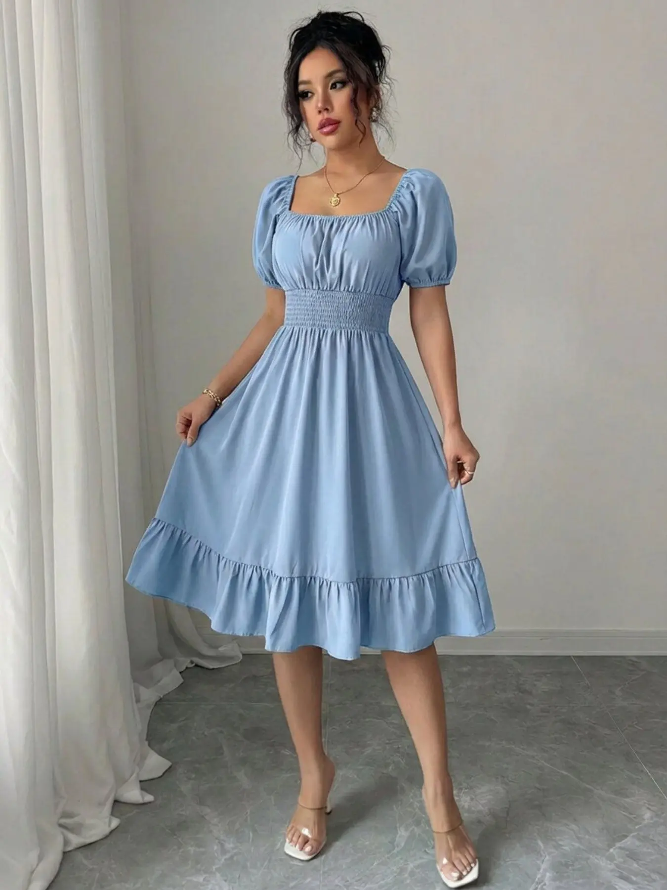 mid length beach dresses YWJOUDA Plus Size Beach Dresses for Womens 2026 Summer Fashion Casual Short-sleeved Mid-length Pleated High-waisted Solid Color Dress, Women's, Size: