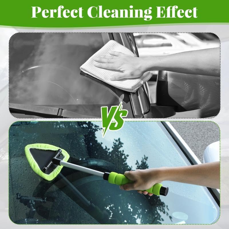 Portable Windshield Cleaner Tool – Car Interior Window Cleaning Kit with Extendable Handle & 3 Microfiber Pads, Auto Wiper Inside Windshield Brush Defogging Brush for Car & Home Windows - Auto Cleaning Accessories!