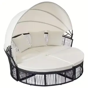Round Outdoor Daybed with Retractable Canopy – Wicker Rattan Sectional Sofa Set with Cushions (White/Blue)