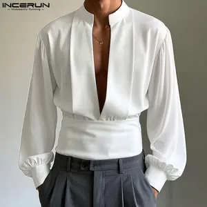 INCERUN Men's Deep V-Neck French Elegance Solid Shirt | Avant-Garde Fashion Statement