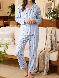 Women's Long Sleeve Sleepwear Set, Pajama, Striped Lip Print Design, Comfortable & Stylish Nightwear, Perfect for Relaxing at Home