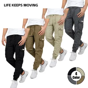 LIFE KEEPS MOVING men’s lightweight cargo pants, made from soft cotton that is gentle on the skin, with slight stretch, a drawstring elastic waistband, and multiple pockets—comfortable casual outdoor long pants.