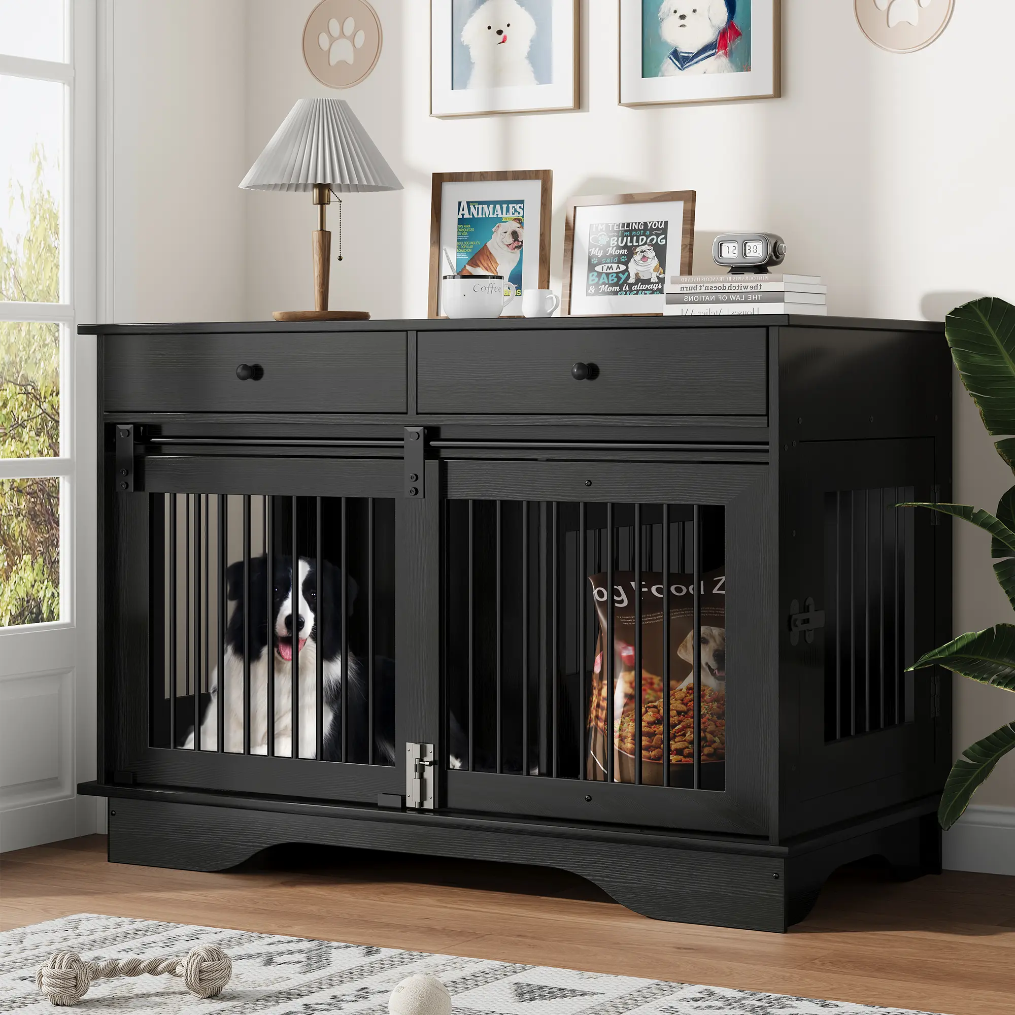 47'' Dog Crate Furniture, Wooden Dog Kennel with Storage Drawers and Sliding Barn Door, Heavy Duty Dog House, Dog Cage End Table for Medium Dogs, Wooden Crates