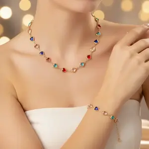 Colorful Heart Design Bracelet Set with Seven Color Bangles and Necklace, Rhinestone Decorated Elegant Jewelry Gift for Parties