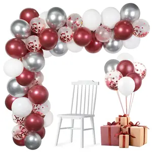 60 Pack Burgundy Red, White, and Silver Balloons Garland Arch Kit featuring 12 inch latex and confetti balloons