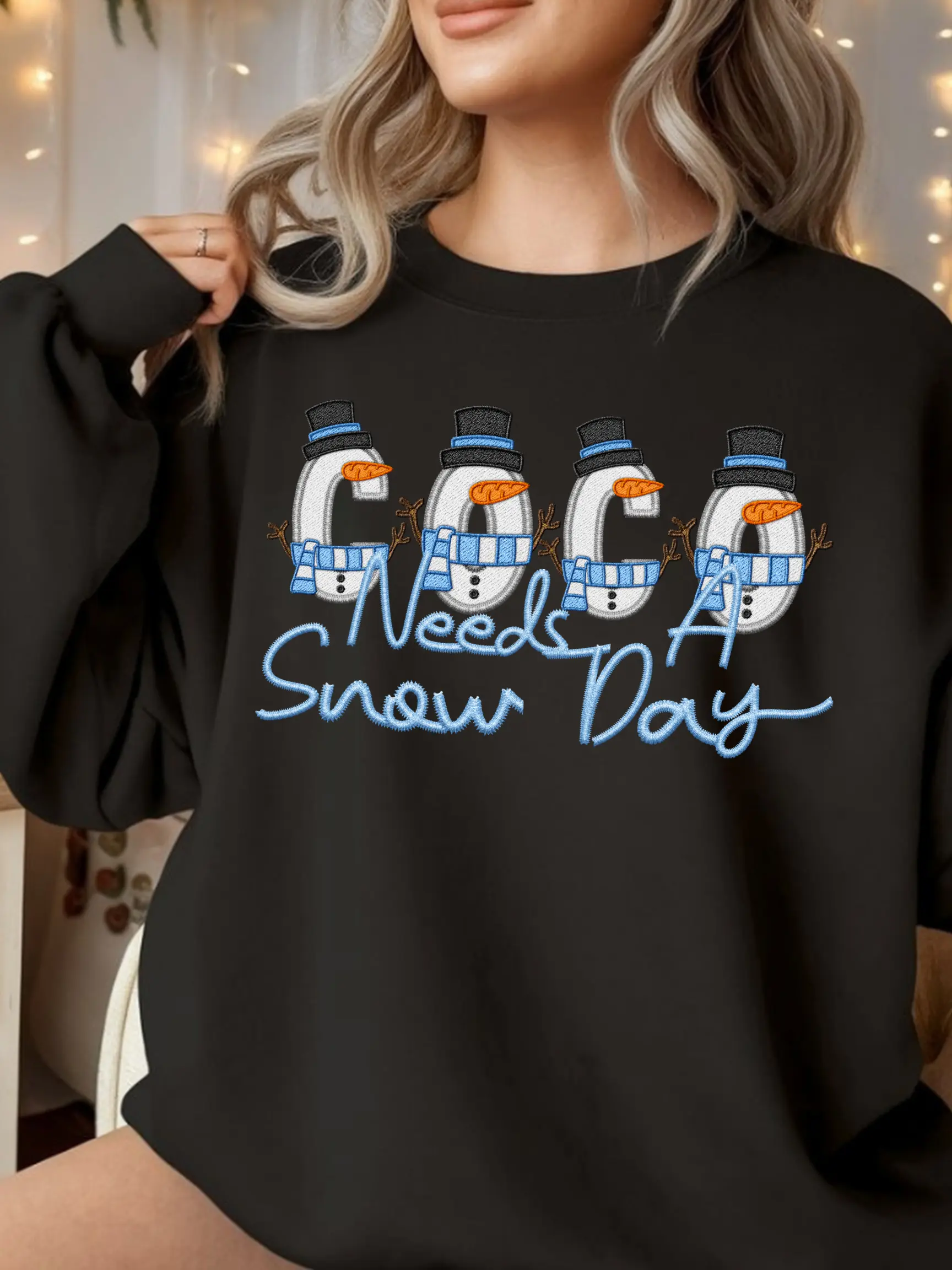 Coco Needs A Snow Day Winter Sweatshirt Unisex Fit Soft Cozy Cotton Blend Customizable Design for Family Outfits & Parties Personalized Snowman Sweatshirt with Festive Details Black Matching