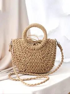 Boho Style Straw Woven Crossbody Bag, Daisy Decor Handmade Small Handbag, Fashionable Crossbody Bag for Women & Girls