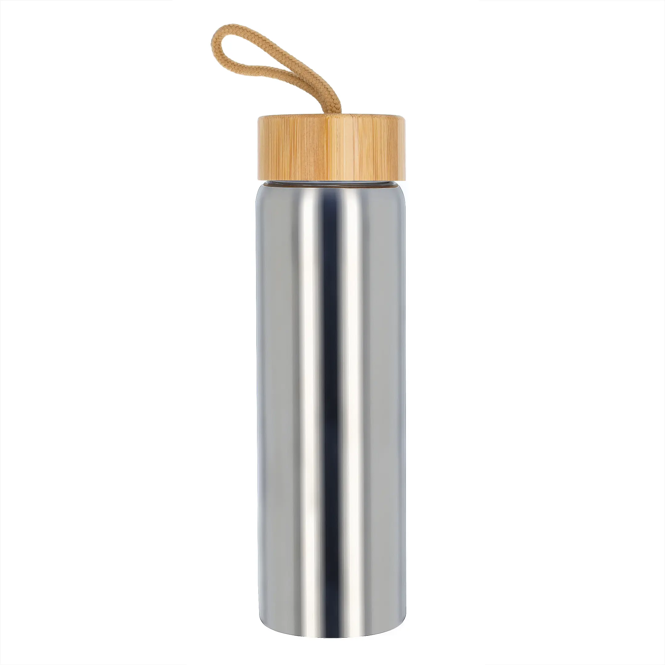 Beille 23oz Silver Chrome Borosilicate Glass Water Bottle - BPA-Free, Bamboo Lid, Airtight, Stylish, Portable, Reusable, Lightweight, Minimalist Kitchenware Drinkware for Hydration