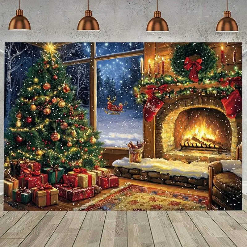 Durable Polyester Christmas Backdrop - Snowy Window Scene with Decorated Tree, Fireplace, Cozy Holiday Decor, Festive Banners, Hanging Party Wall Decor, Ornaments Decoration