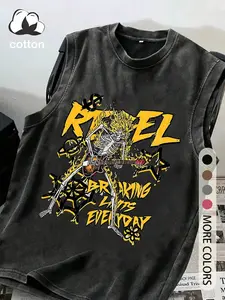Cotton vintage distressed men's vest round neck fashionable sleeveless top, skull guitarist hip-hop pattern print, men's summer wear