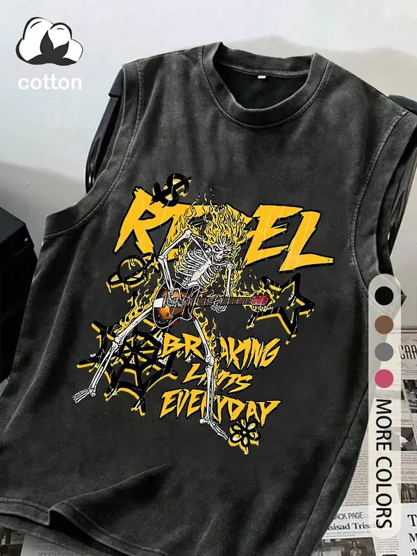 Cotton vintage distressed men's vest round neck fashionable sleeveless top, skull guitarist hip-hop pattern print, men's summer wear