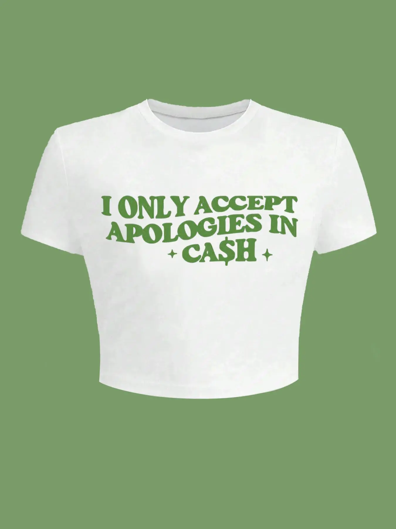 Women's " I Only Accept Apologies in Cash " Slogan Print Round Neck Crop Tee, Graphic Print Top, Casual Short Sleeve Crew Neck T-shirt for Daily Wear, Ladies Clothes for All Seasons, Daily Wear Tops, Printed Top, Round Neckline Top