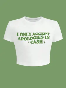Women's " I Only Accept Apologies in Cash " Slogan Print Round Neck Crop Tee, Graphic Print Top, Casual Short Sleeve Crew Neck T-shirt for Daily Wear, Ladies Clothes for All Seasons, Daily Wear Tops