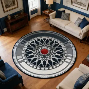 Round Living Room Carpet with Wheel Pattern Design, American Style Fashion Decorative Rug, Reflective Short Velvet Comfort Foot Pad