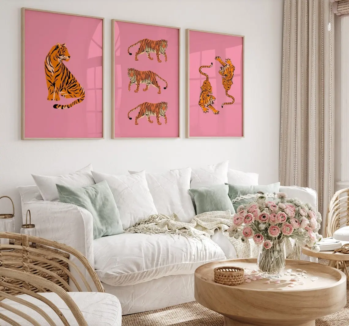 Pink Gallery Wall Art Set of 3,Dreamy Danish Pastel Aesthetic, Trendy Eclectic Girly Posters,Holographic Prints Set | Authentic Poster | Limited Edition Poster