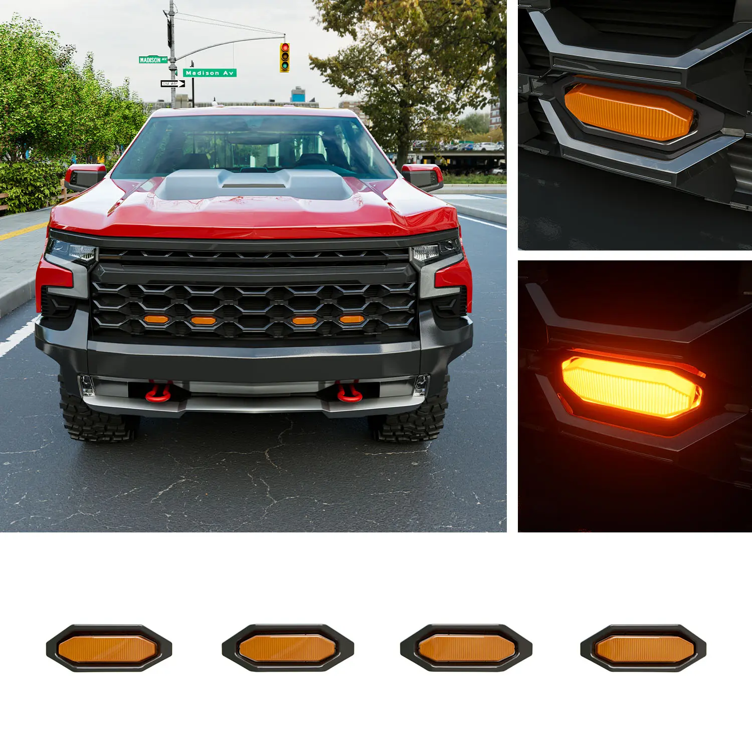 [Fits 22-25 Silverado 1500 ZR2] 4pcs LED Front Grille Lights Compatible with 2022-2025 Chevy Silverado 1500 ZR2 Decorative Grille Lights with Fuse Wire Front Lamps Replacement for 2022-2025 Chevy Silverado Accessories