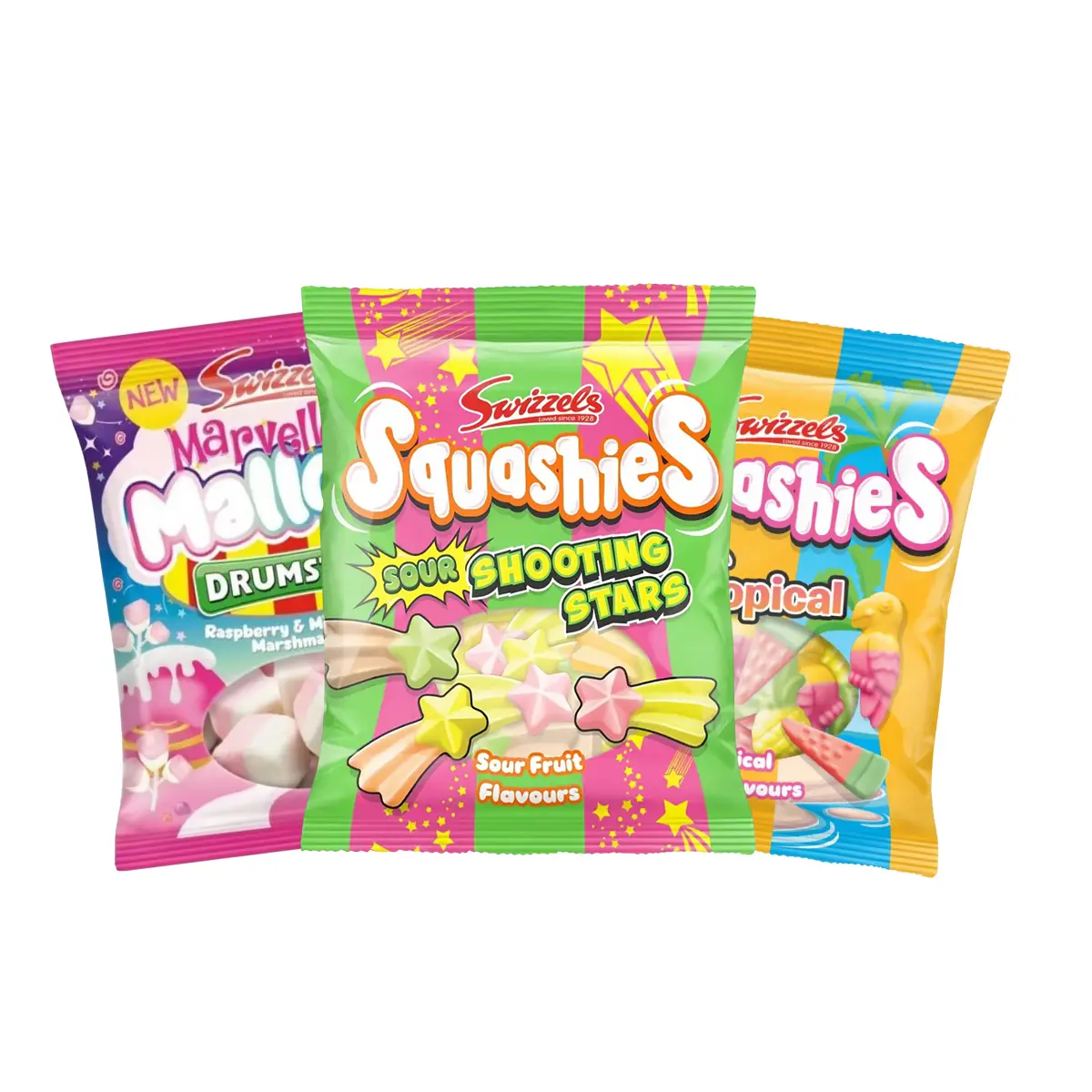Swizzles Squashies Drumstick Candy 3 Pack Bundle - Tropical Sour Shooting Stars & Marvellous Mallows - 120g Each - Imported from the UK
