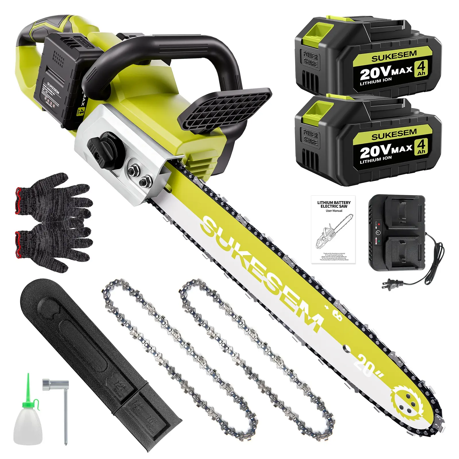 20” Brushless Cordless Chainsaw, 20V Electric Power Chain Saw with Dual 4.0Ah Batteries, Charger, Tool-Free Chain Tension, Auto Oiler for Tree Felling & Firewood Cutting 5.