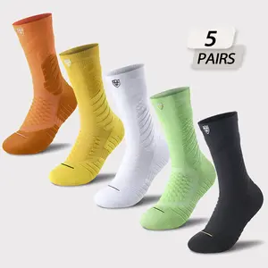 5 pairs Socks for men multifunctional athletic socks high cut Sports Socks – Breathable Mesh, Sweat-Wicking, Shock-Absorbing, and Durable. Terry Sole Solid Color Basketball Socks for Running, Soccer, and Hiking. Made of Cotton-Polyester Blend.