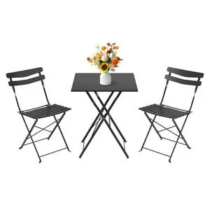 [FLASH SALE] Garvee 3-Piece Black/White Folding Bistro Set, Weather-Resistant Metal Patio Table and 2 Chairs, No-Assembly Compact Outdoor Furniture Set for Balcony, Garden, Porch, Patio & Small Spaces