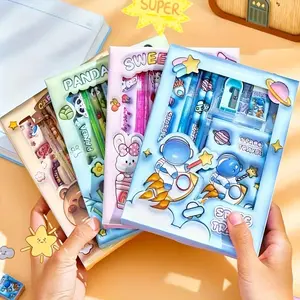 Cute Cartoon Stationery Set for Elementary School, Water Buffalo and Panda Pattern, Student Essentials Gift Box Includes Pencils, Sharpener, Eraser, Ruler, Notebook, School Supplies