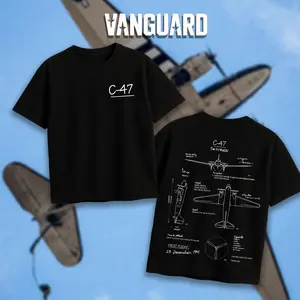 VANTAGE C47 Blueprint Double Sides Heavy Cotton T-Shirt Vintage Aviation Graphic Tee Military Enthusiast Streetwear Clothing Gift for Men Breathable Printing