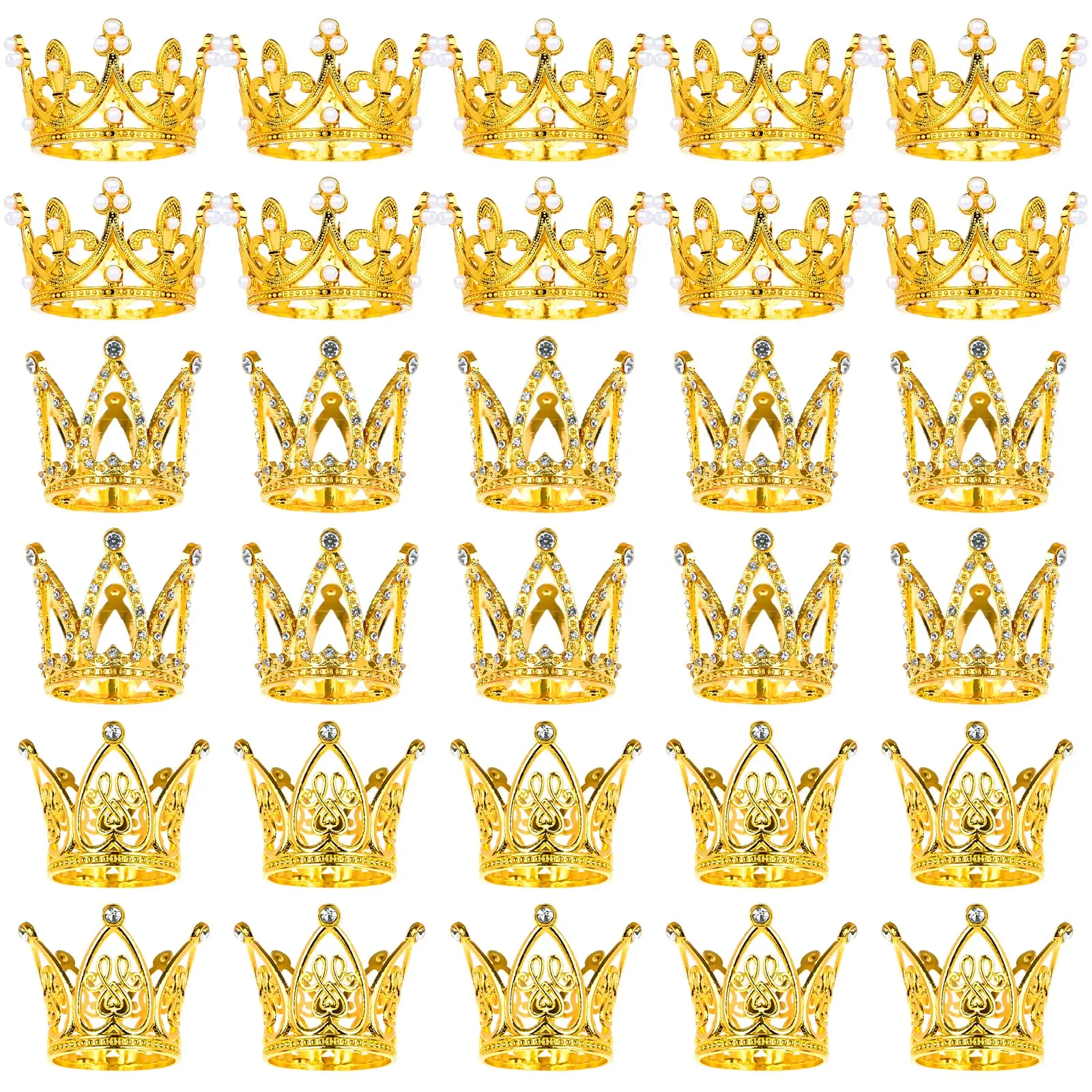 30PCS Crowns for Flower Bouquets Gold Crown Cake Topper Mini Crown for Flower Bouquet Accessories Birthday Crowns Cupcake Toppers for Bridal Wedding Mothers Day Party Cake Decor, 3 Style