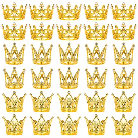 30PCS Crowns for Flower Bouquets Gold Crown Cake Topper Mini Crown for Flower Bouquet Accessories Birthday Crowns Cupcake Toppers for Bridal Wedding Mothers Day Party Cake Decor, 3 Style