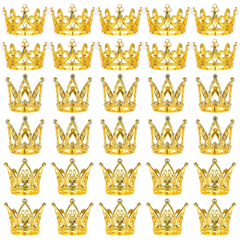 30PCS Crowns for Flower Bouquets Gold Crown Cake Topper Mini Crown for Flower Bouquet Accessories Birthday Crowns Cupcake Toppers for Bridal Wedding Mothers Day Party Cake Decor, 3 Style