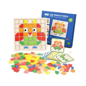 120 PCS Wooden Pattern Blocks Mosaic Puzzle Sorting and Stacking Games Fine Motor Skills Educational Toys for Kids Age 3+