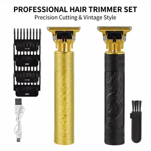 Men's Dragon Carving Professional T-Blade Hair Clipper: Cordless Rechargeable Grooming Kit, Barber-Quality Precision Trimmer Set for Home Use (Gold/Black Edition)