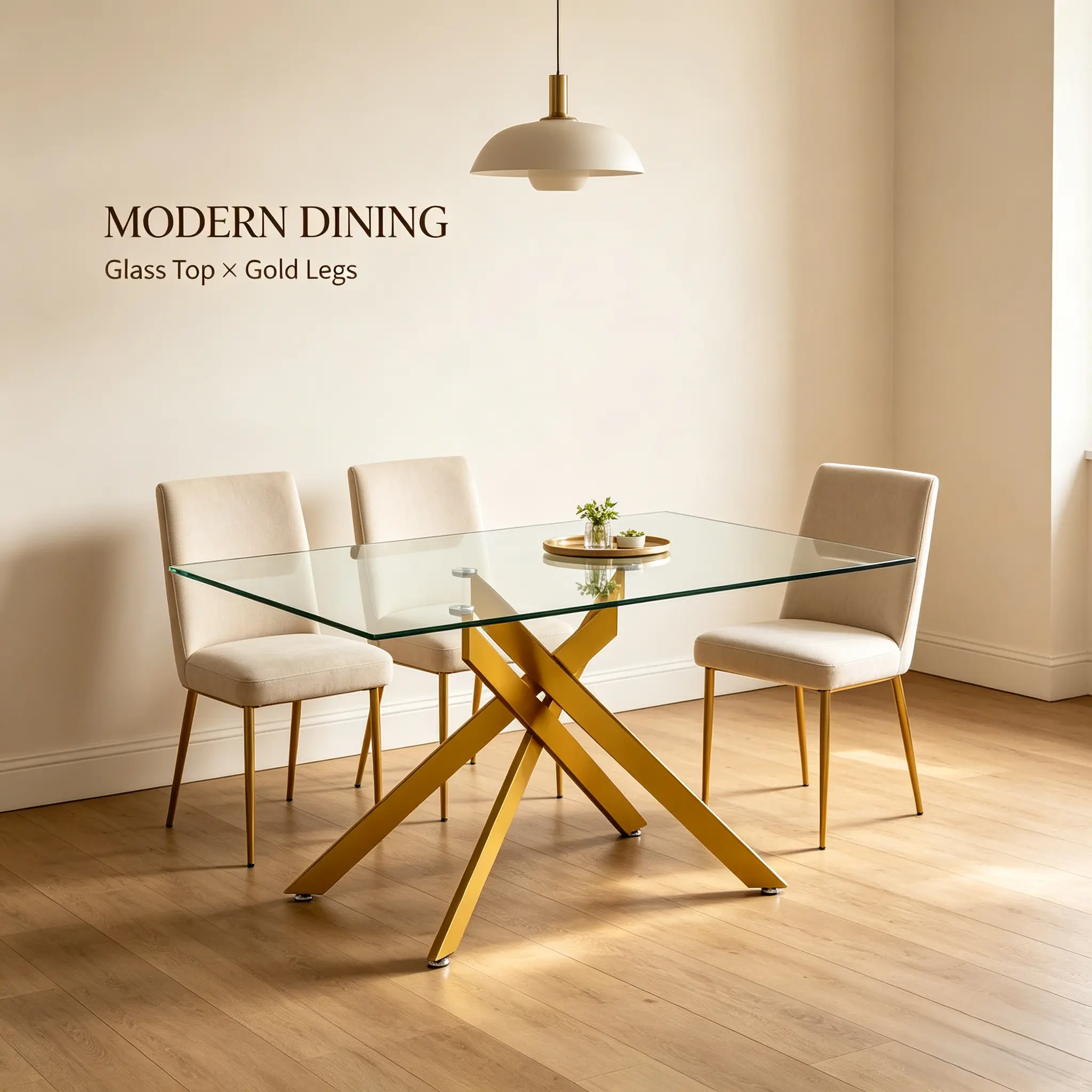 51.18" Rectangular Golden Tempered Glass Dining Table - 8mm Glass Tabletop, Adjustable Leveling Feet, Golden Metal Legs, Stable on Uneven Floors, Modern Indoor Furniture for Family Meals, Living Room Kitchen Decor