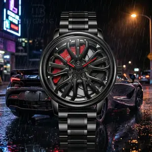 Men's Car Wheel Rim Watch 3D Supercar Racing Sports Dial with Brake Caliper Stainless Steel Band Waterproof Quartz Analog Wrist Watch Unique Creative Gift for Car Enthusiasts and Racing Fans