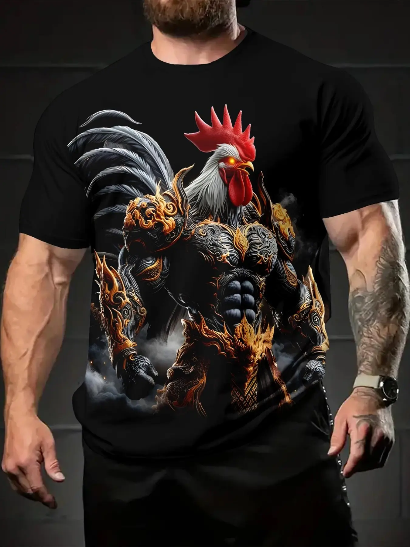 MenS 3D Digital Print Rooster Warrior TShirt Black unisex soft cotton short sleeve t shirt, vintage graphic casual tee for men women teens, perfect birthday holiday gift for camping travel gym daily street casual wear