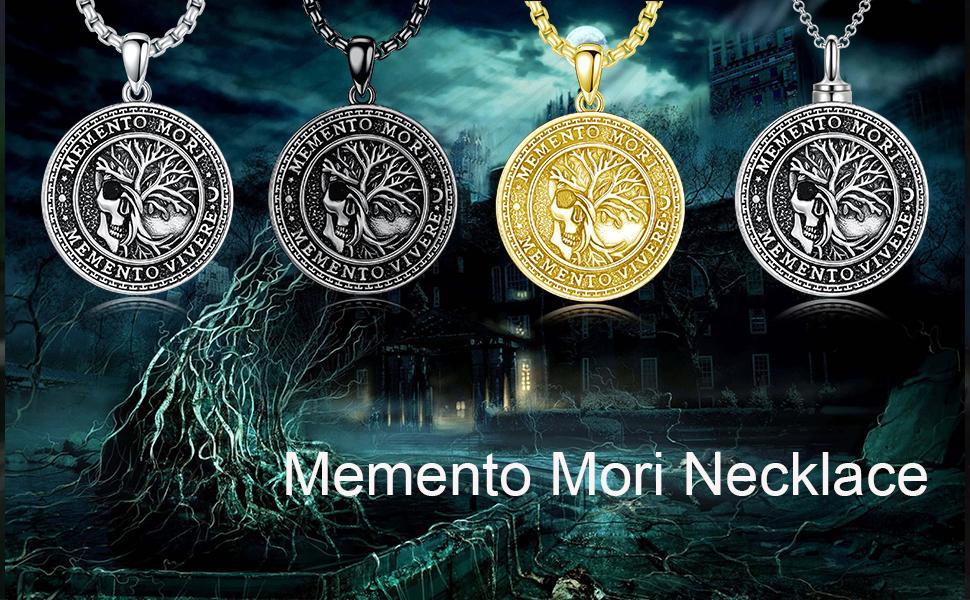 Memento Necklace for Men 925 Sterling Silver Memento Vivere Pendant Necklace Gothic Skull Pendant Amulet Jewelry -Gold