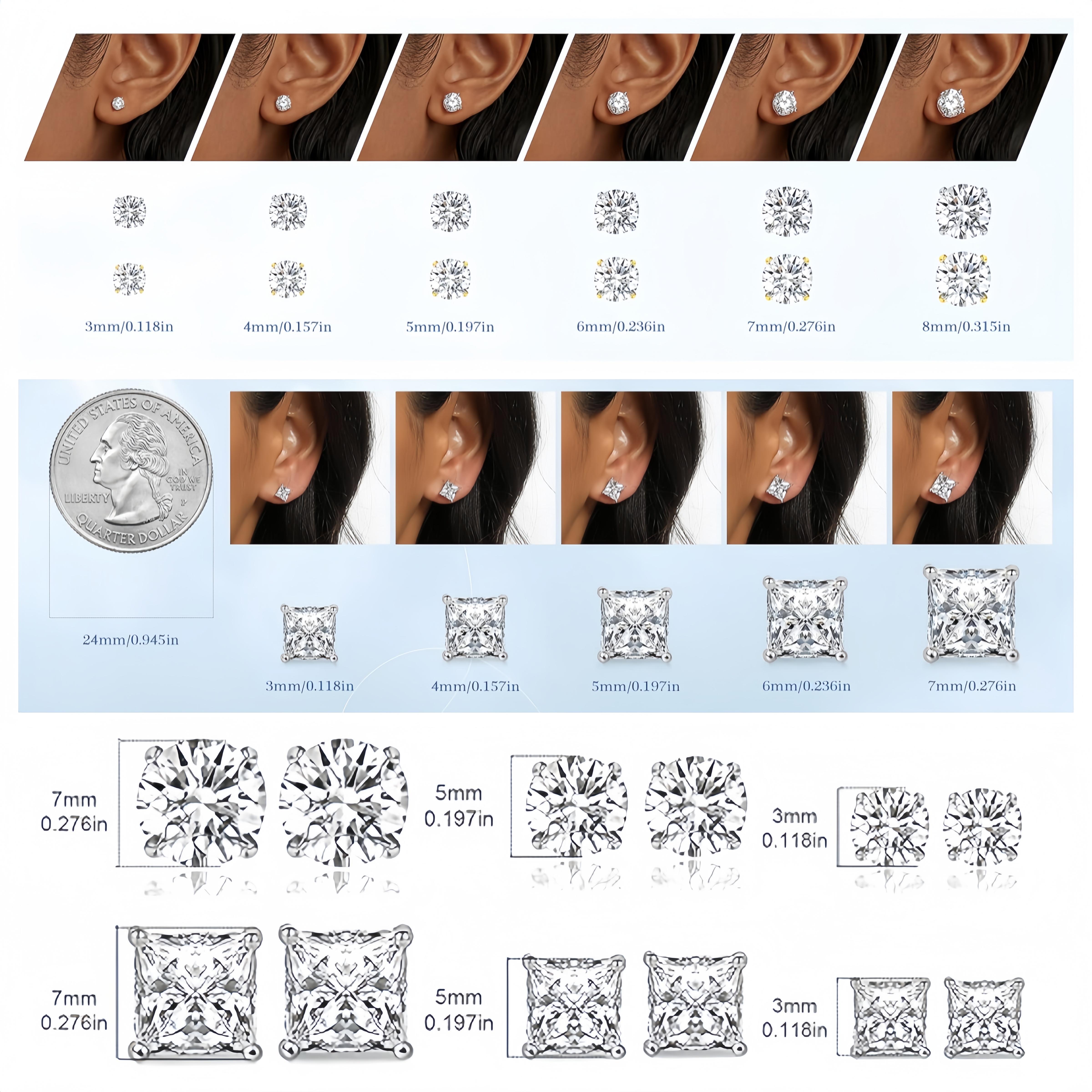 GEMESME 18 Karat White/Yellow Gold Multi-Size Studs Set (5/6 Pairs, 0.1-0.25CT, 3-8mm), Hypoallergenic Round&Princess CZ Gold Earrings, Men's Earrings Gift for Women