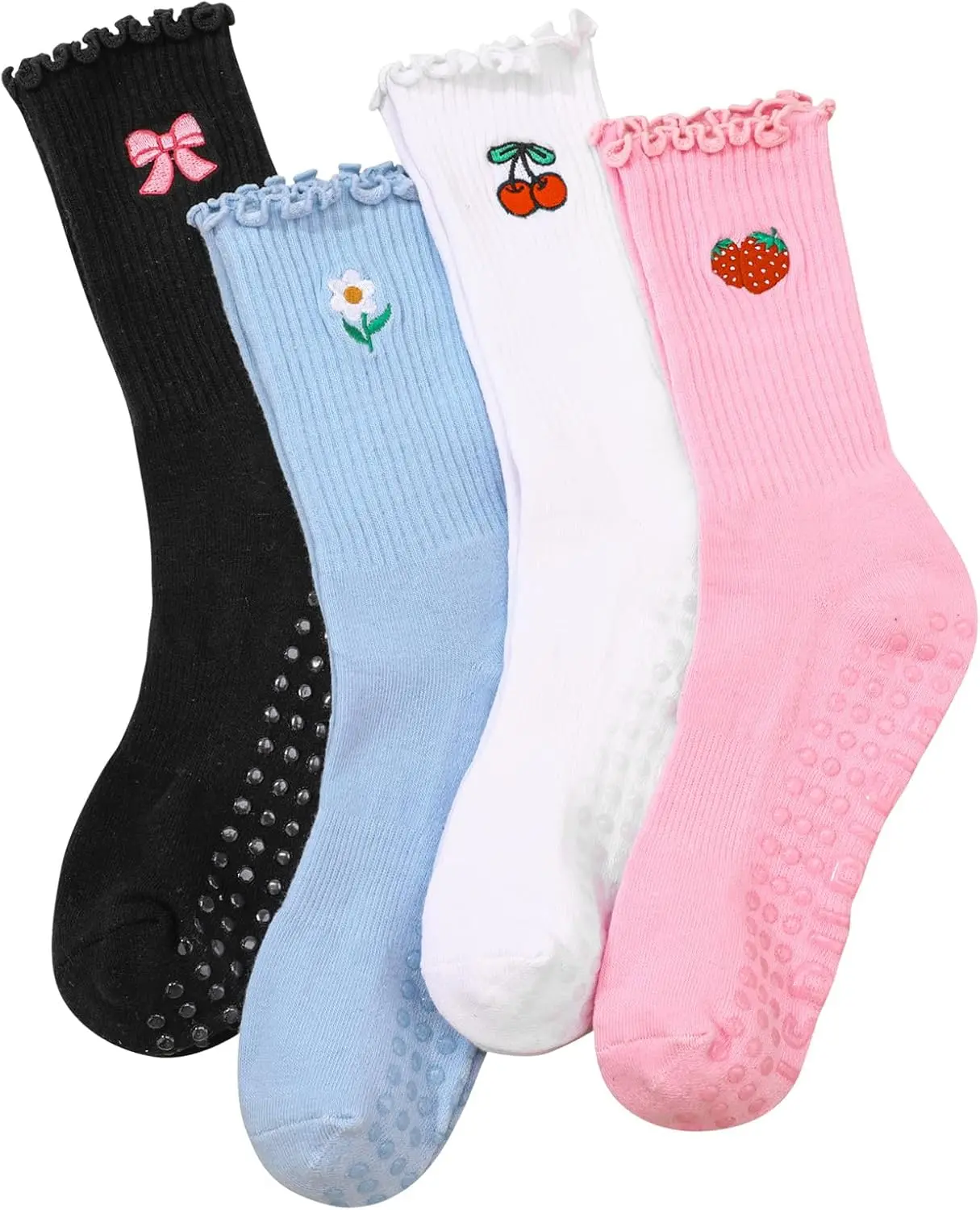 4 Pairs Cute Pilates Grippy Socks for Women, Ruffle, Non-Slip | 80% Cotton, Non-Slip Grip, Ruffle, Crew Grippy Socks, Yoga, Pilates Barre, Hospital, Home, Women'S Athletic Socks Jspupifip