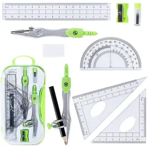 10 Pieces Math Geometry Kit Set with Shatterproof Storage Box Student Supplies Includes Rulers Protractor Compass Pencil Sharpener Lead Refills Pencil Eraser for School and Drawings