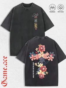 Vintage Washed Black Oversized Christian T-Shirt - Floral Cross Jesus Is The Light Graphic Tee, Walk By Faith Print, 100% Cotton Breathable Faith Shirt