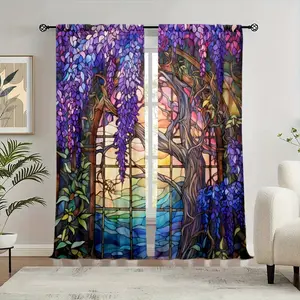 2 pieces, colored glass wisteria flower pattern printed curtains, pole pocket style, semi sunshade polyester fiber, suitable for home living room, bedroom, balcony, kitchen, study and shower room window decoration, anti privacy, easy to clean.