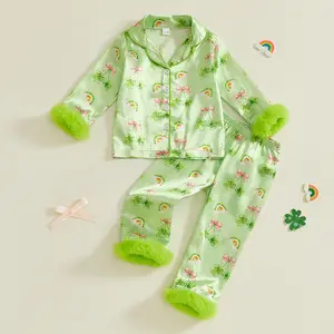 Toddler Baby Girl 2Pcs St. Patrick's Day Pajamas Sets Satin Silk Long Sleeve Shamrock Print Tops Shirt and Pants Kids Girls Sleepwear 1-7 Years