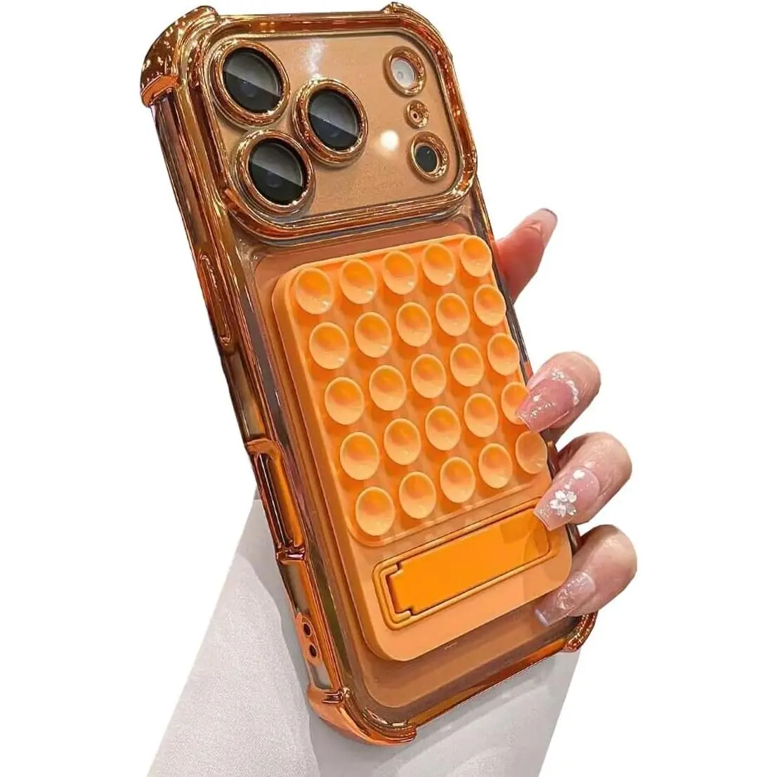 Suction Cup Case for iPhone 17 with Stand Hands Free Strong Grip Mirror Shower Phone Holder Plated Clear Kickstand Shockproof Protective Phone Case Selfies and Videos for Influencers-Orange