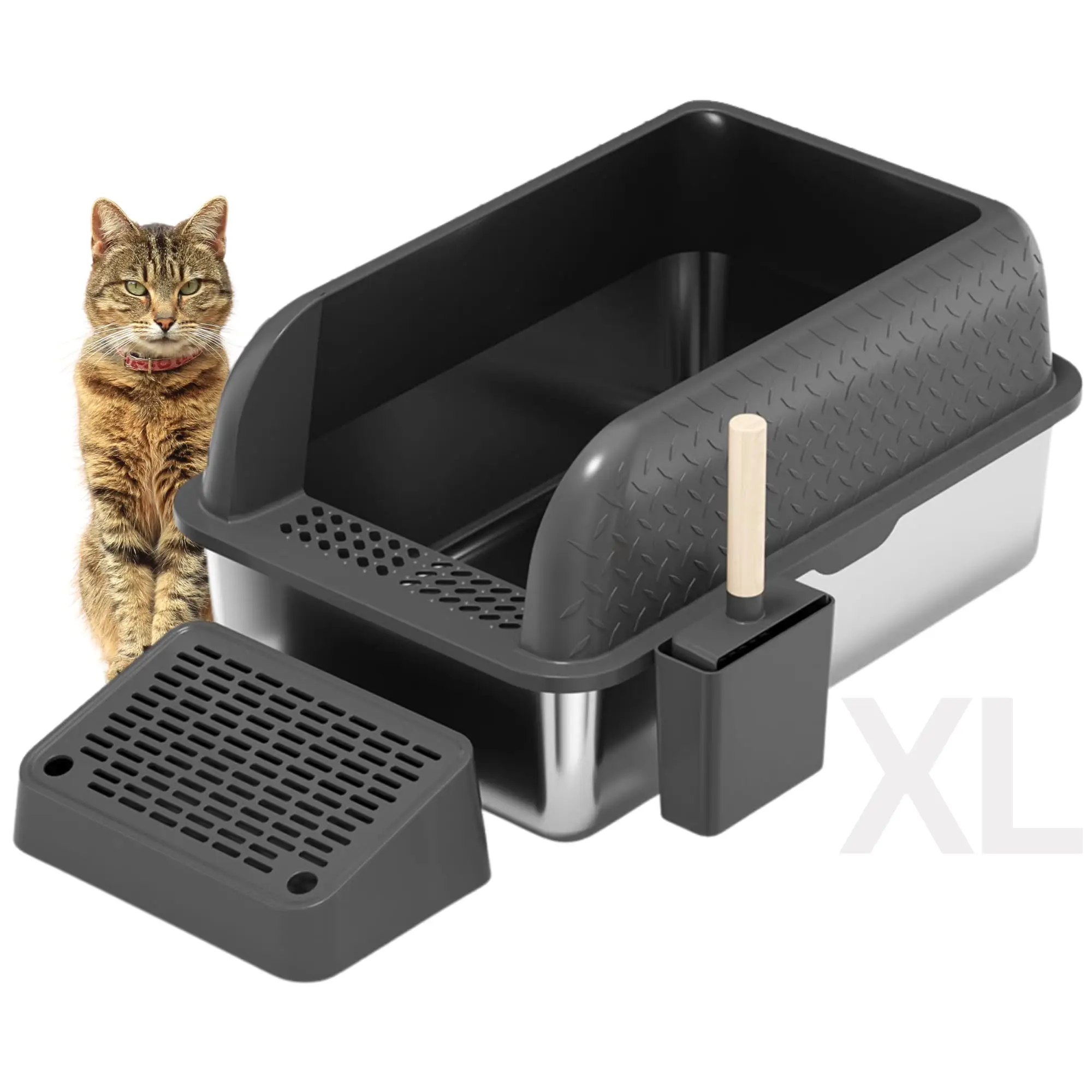 X Large Stainless Steel Cat Litter Box High Sided Covered Lid Enclosure Includes Litter Scoop with Holder Trapping Mat Essential Cat Supplies for Indo