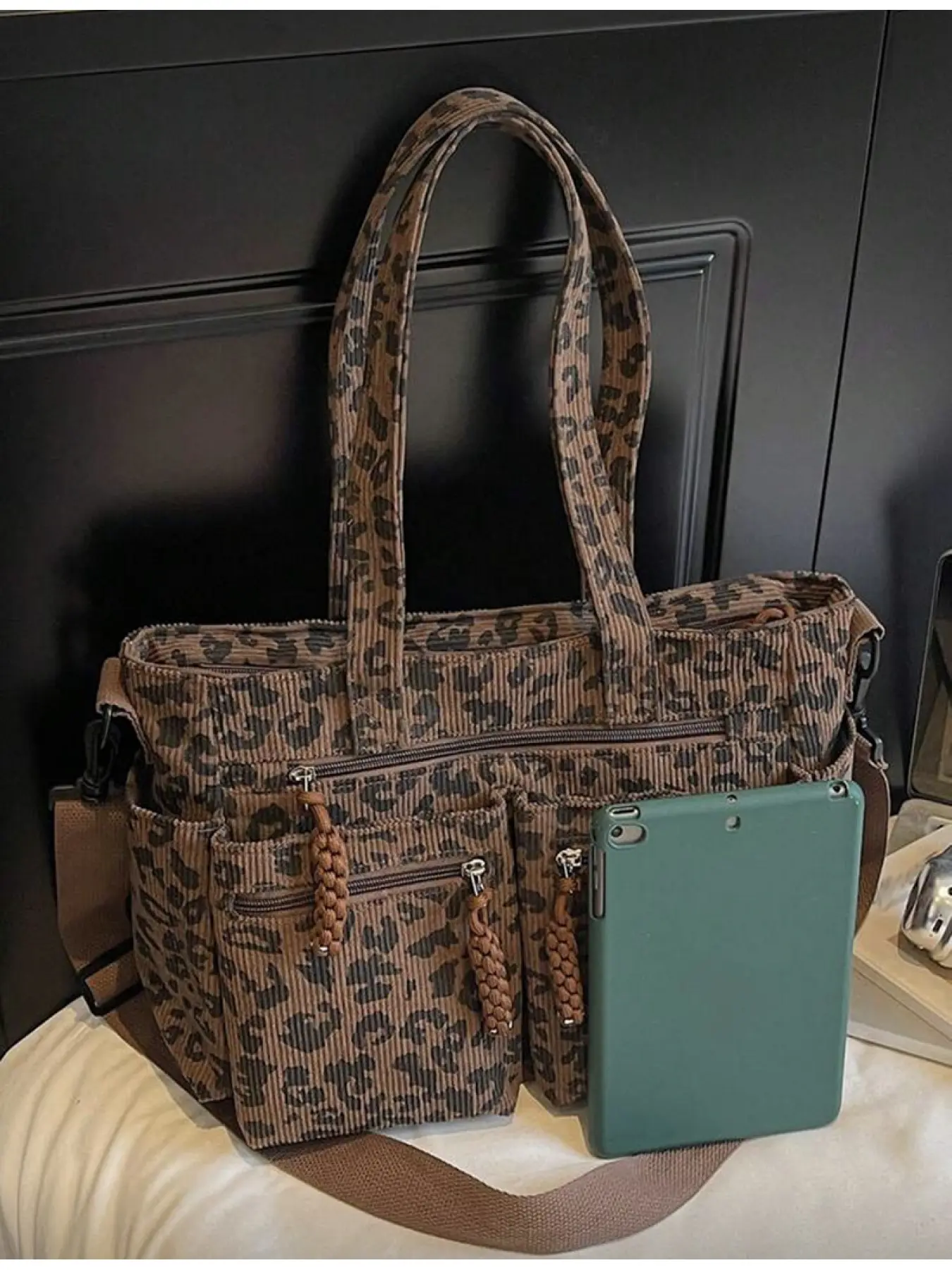 Women Leopard Print Corduroy Handbag Corduroy Tote Bag Fashionable