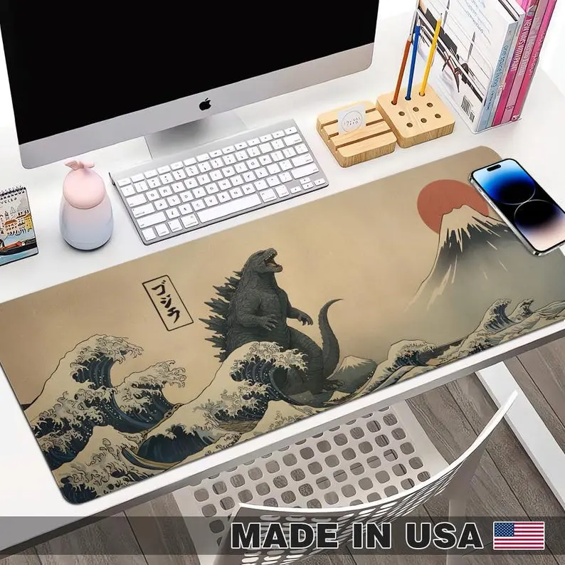 Vintage Japanese Godzilla Desk Mat, Retro Kaiju Mouse Pad, Sci-fi Extra Large Desk Pad, Japanese Monster Gojira and the Great Wave Desk Pad