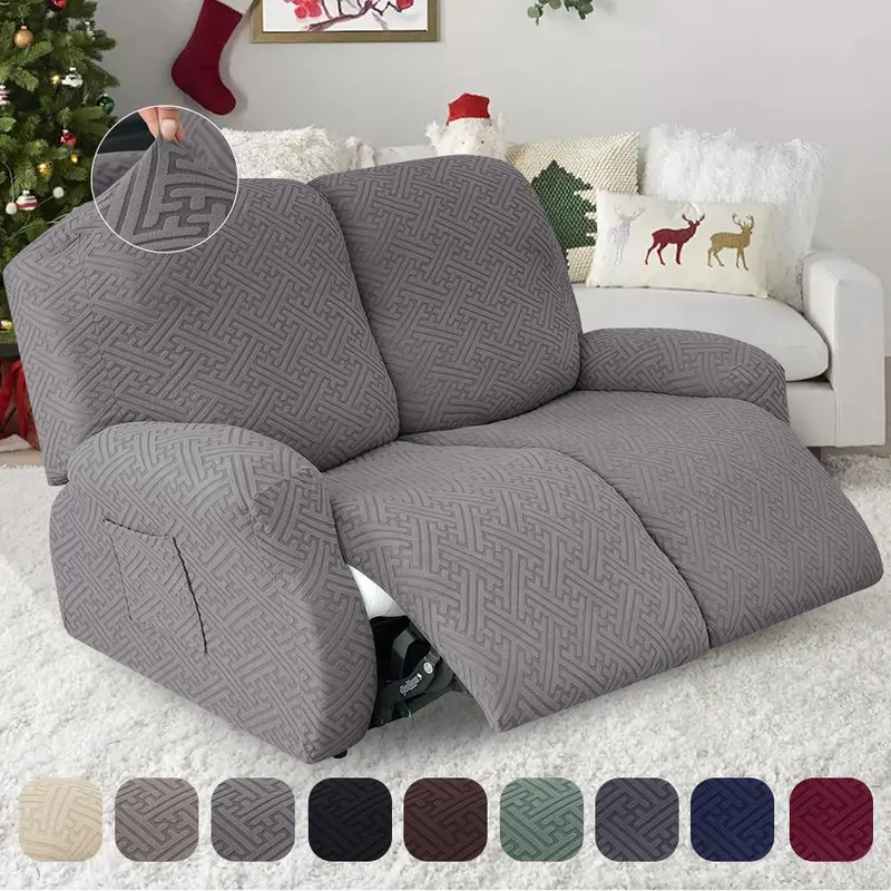 6 Counts Set Jacquard Stretch Loveseat Recliner Cover,Washable Recliner Sofa Cover with Side Pocket, Thickened Stretch Loveseat Couch Cover for Home Hotel Living Room Decor